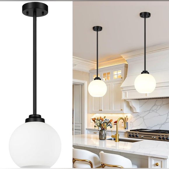 2 Pack 7.2” Globe Pendant Lights Matte Black Light Fixtures Milk Glass Shade